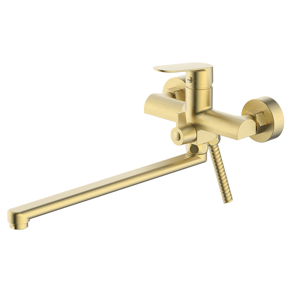 Смеситель для ванны Azario Alanti керамический картридж, длинный излив, с ручным душем, шланг 150 см, золото матовое (AZ-K1732MG)