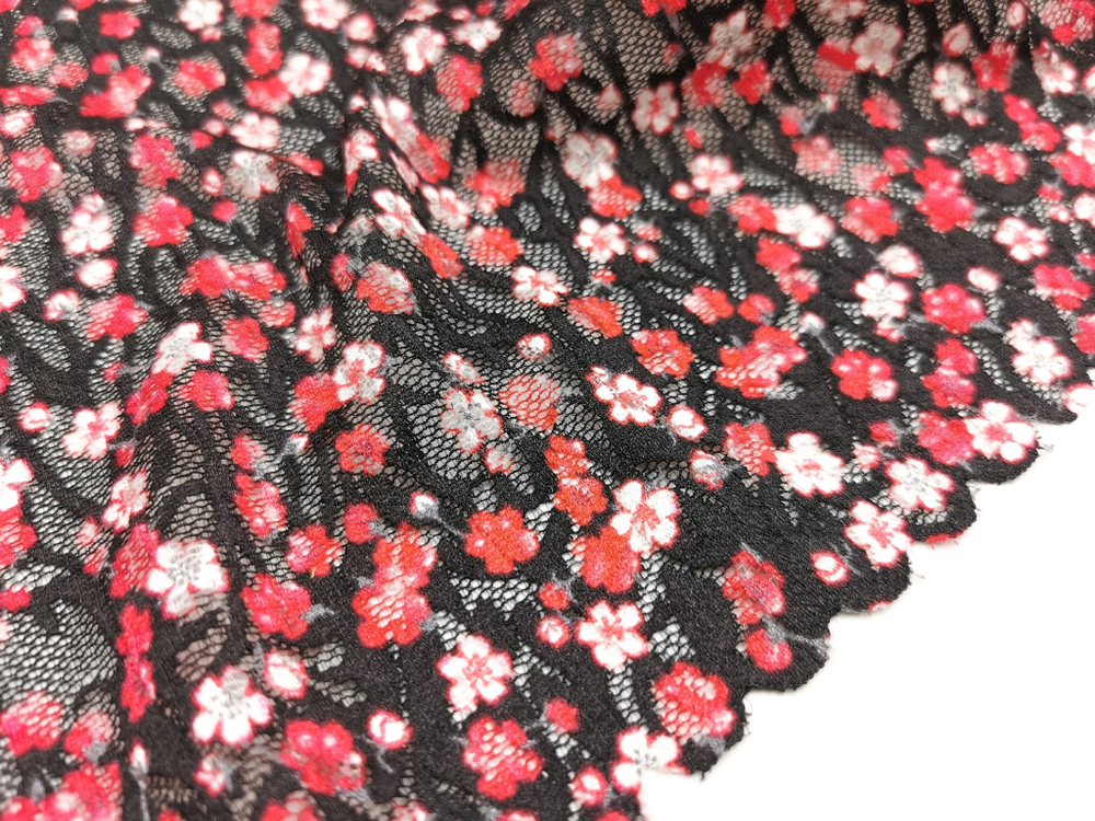 Эластичное кружево, цветочный принт на черном, 24 см, (Арт: EK-2787), м