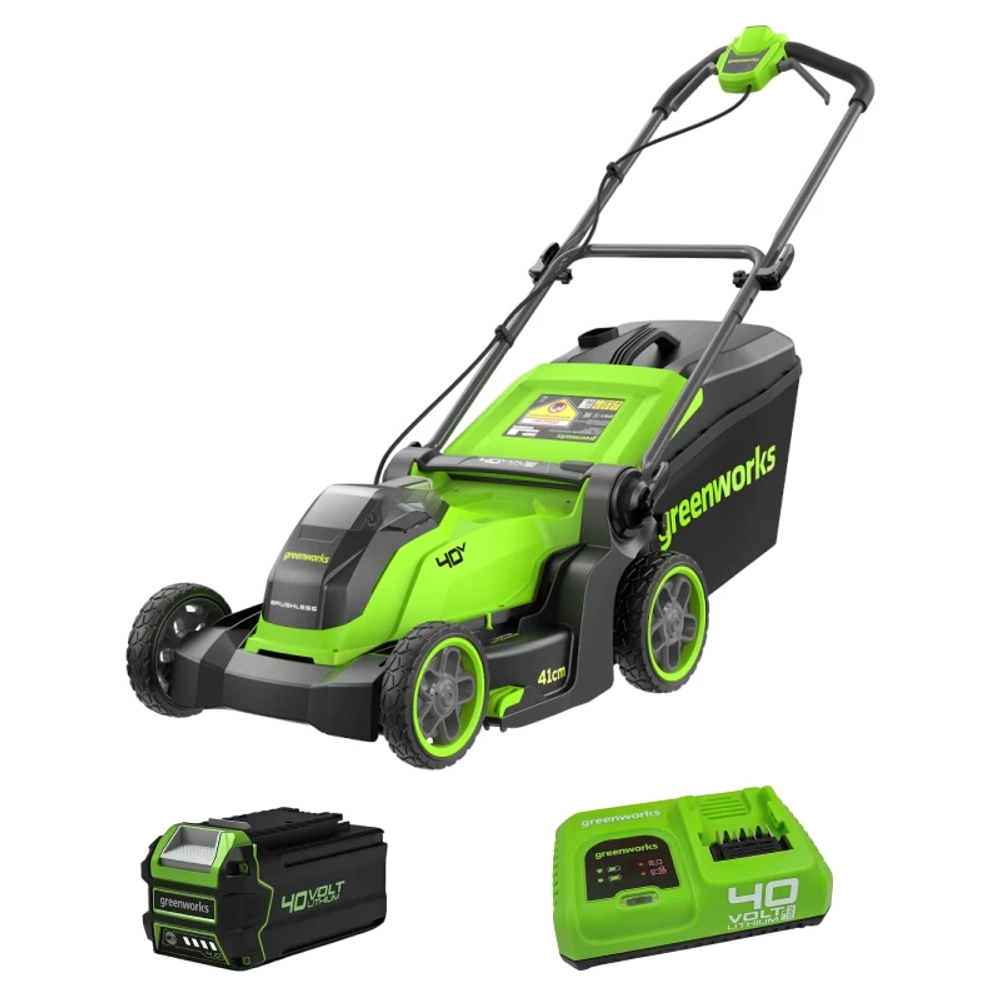 Аккумуляторная газонокосилка Greenworks GD40LM411K4 40В (1 x 4 Ач, Быстрое ЗУ) нож 41 см, 2521007U4F