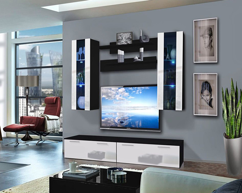 Гостиная 25 МДФ Белый DM635-6 (глянец) / Черный 0190 PE 200*45*160 см,    Фиеста