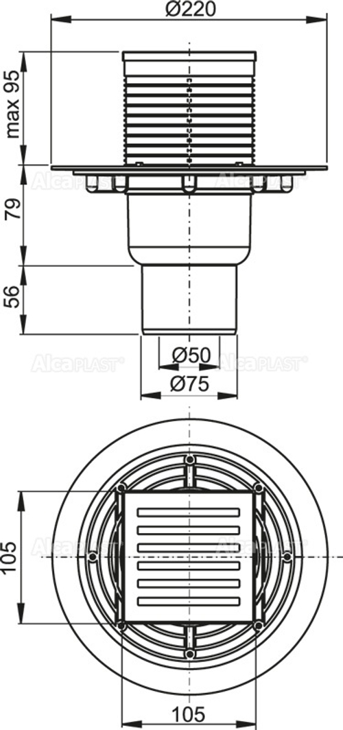 Душевой трап Alcadrain 105х105/50/75 решетка из нерж стали (APV203)