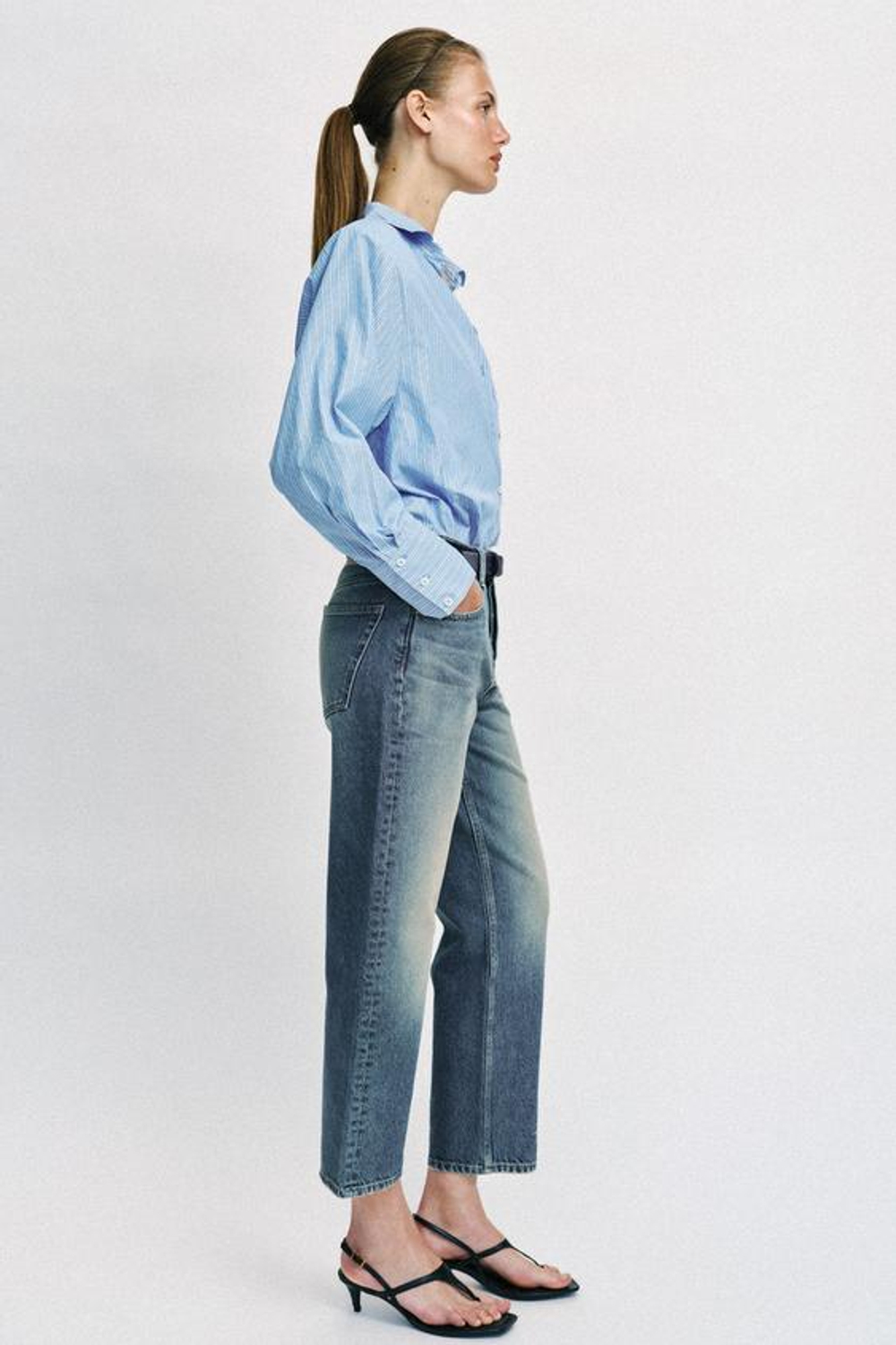 ZARA УКОРОЧЕННЫЕ ДЖИНСЫ Z1975 SLIM СО СРЕДНЕЙ ПОСАДКОЙ, ЗЕЛЕНОВАТО-СИНИЙ