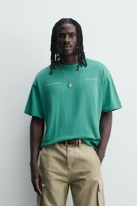 ZARA ФУТБОЛКА RELAXED FIT С ВЫЦВЕТШИМ ПРИНТОМ, СВЕТЛО-ЗЕЛЕНЫЙ