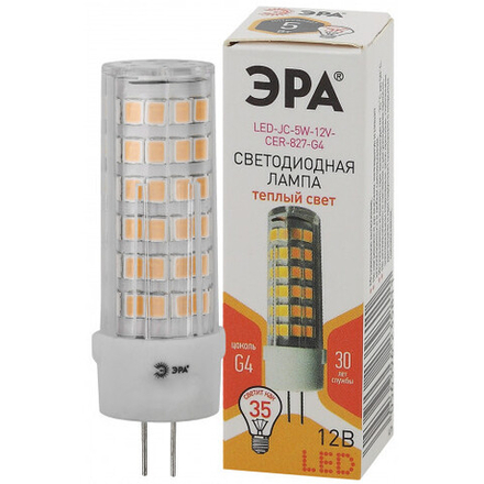 Лампочка светодиодная ЭРА STD LED JC-5W-12V-CER-827-G4 G4 5Вт керамика капсула теплый белый свет