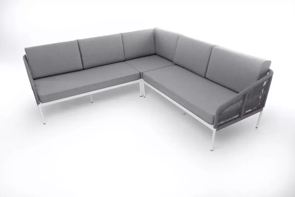 "Канны" диван модульный плетеный из роупа, каркас алюминий белый, роуп светло-серый круглый, ткань светло-серая