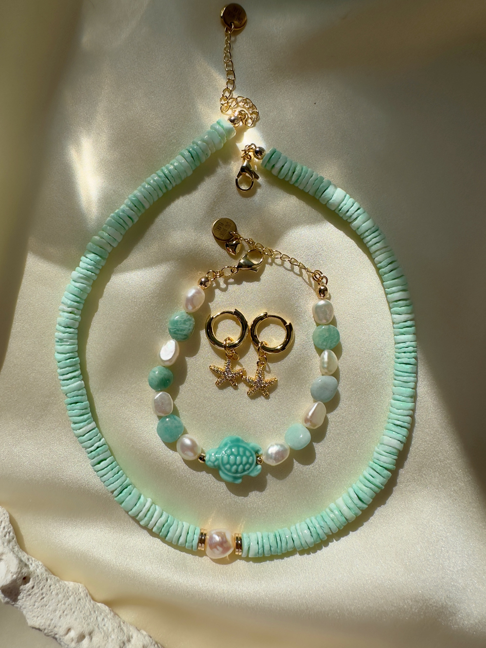 Браслет Черепашка из жемчуга и амазонита