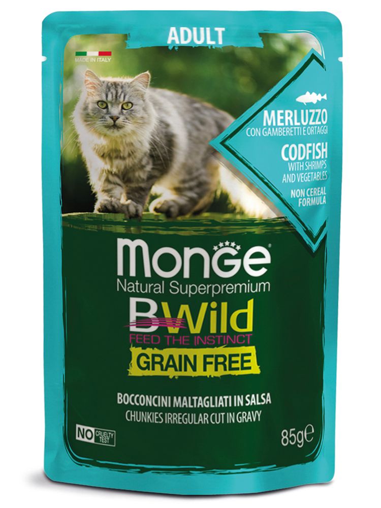 Влажный корм Monge Cat BWild GRAIN FREE для взрослых кошек, беззерновой, из трески с креветками и овощами 85 г