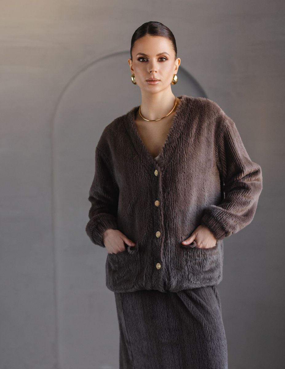 Кардиган из пушистого трикотажа коричневый