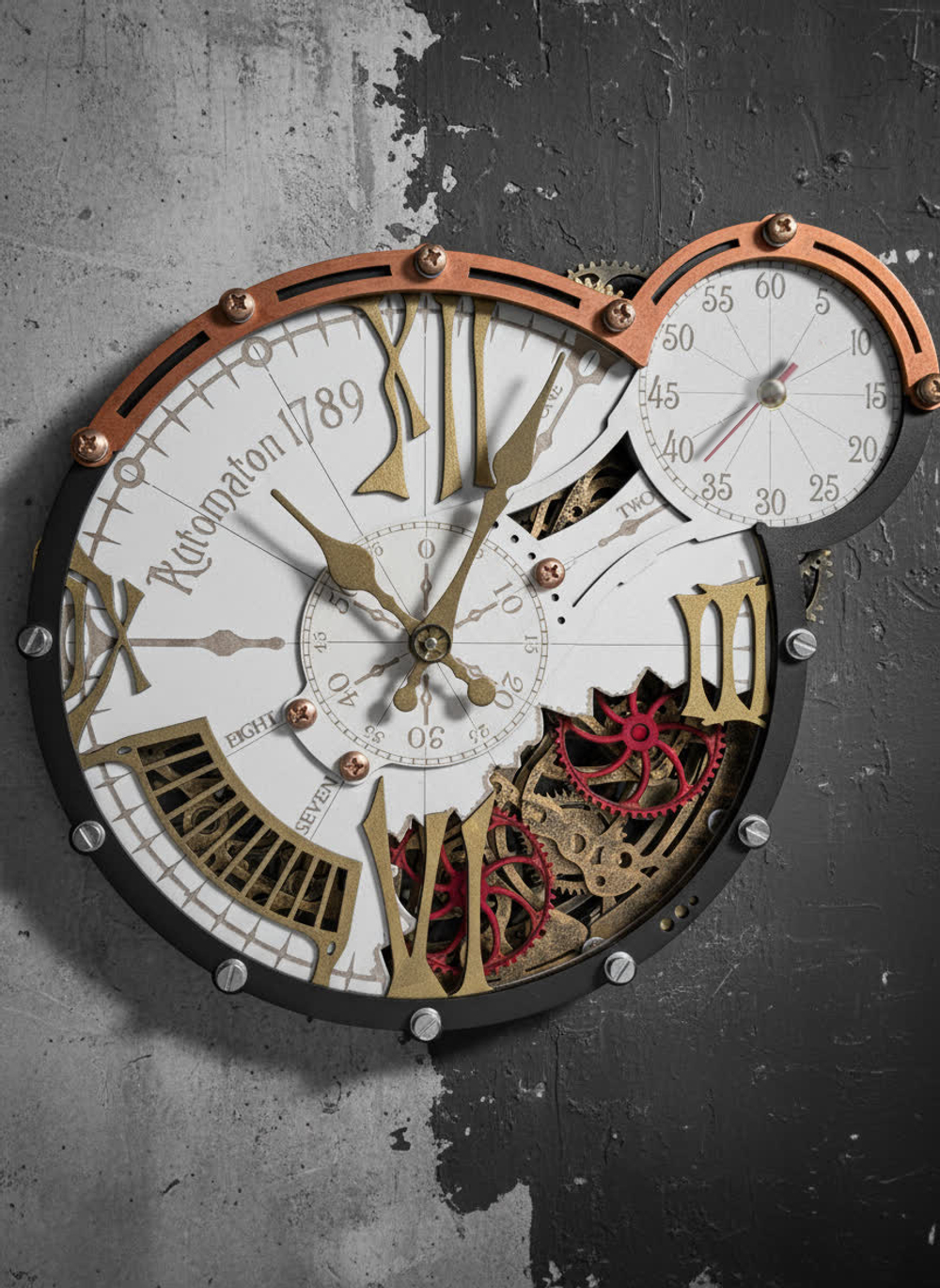 Настенные часы WOODandROOT Automaton 1789 Hermitage с открытым механизмом и шестерёнками в стиле стимпанк на бетонной стене