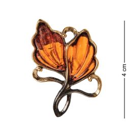 AM-2566 Брошь «Винтажный листик» (латунь, янтарь)