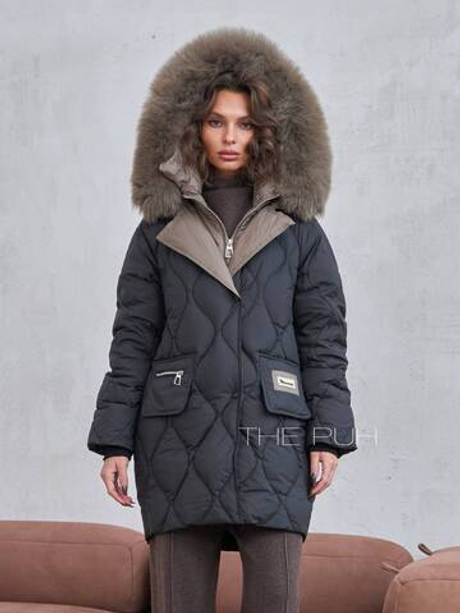 Черный стеганый пуховик с капюшоном и мехом песца