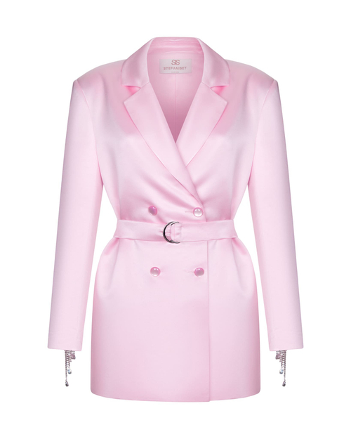 Платье-жакет из атласа с бахромой из камней, светло-розовый