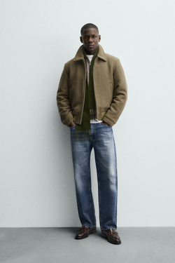 ZARA СТЕГАНАЯ КУРТКА ИЗ ШЕРСТЯНОЙ ТКАНИ, ЗЕЛЕНОВАТЫЙ