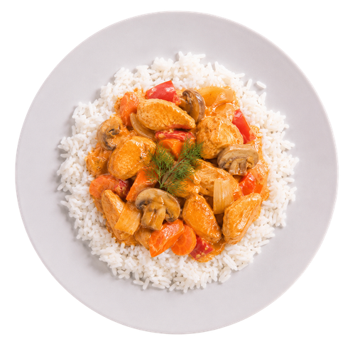 Рис с овощами и курицей в соусе Карри