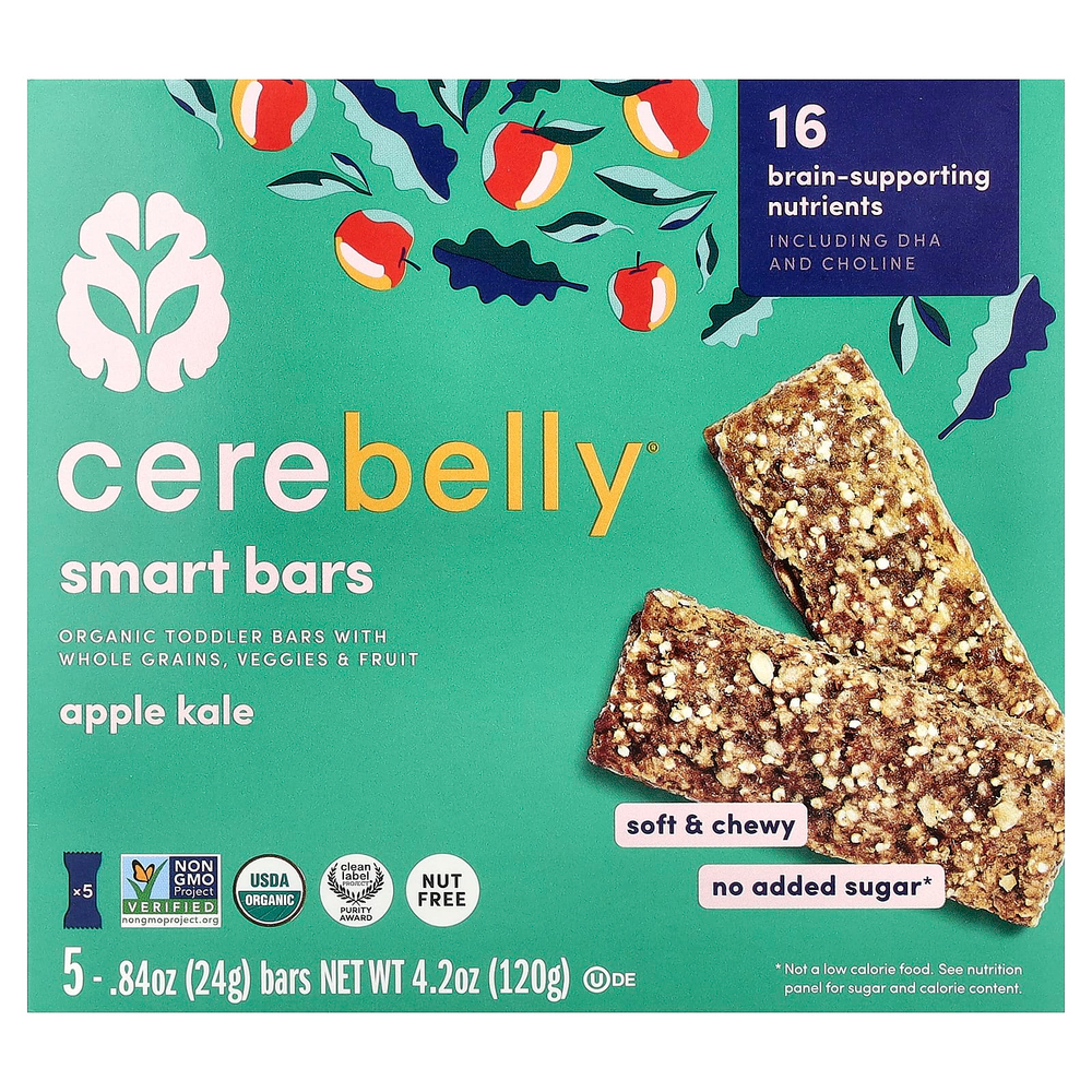 Cerebelly, Smart Bars, органические детские батончики, яблоко и кудрявая капуста, 5 батончиков по 24 г (0,84 унции)