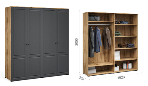 Спальня Лацио Сканди Шкаф 4д Вотан/Сканди графит (ручка чёрная)