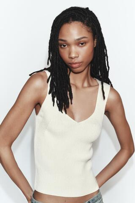 ZARA ТОП В РУБЧИК С V-ОБРАЗНЫМ ВЫРЕЗОМ, БЕЛЫЙ