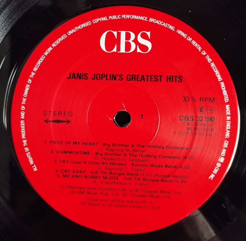 Винтажная виниловая пластинка LP Janis Joplin Greatest Hits (UK 1982)