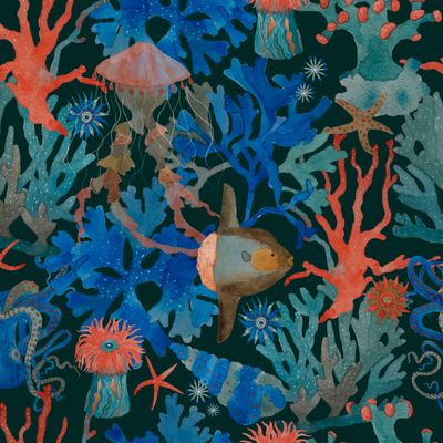 Кораллы, рыба, осьминог, актинии, морские звёзды, медуза Акварель на тёмном