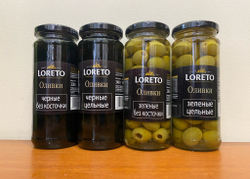 Оливки чёрные LORETO с косточкой 340 гр в стеклянной банке Испания