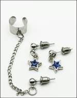 Набор сережек 3 гвоздика + клипса "Синие звезды" с цепочкой дл пирсинга ушей. Бижутерия. Цена за набор