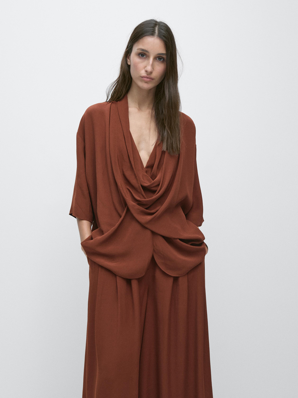 Massimo Dutti Рубашка с драпировкой, апельсиновый