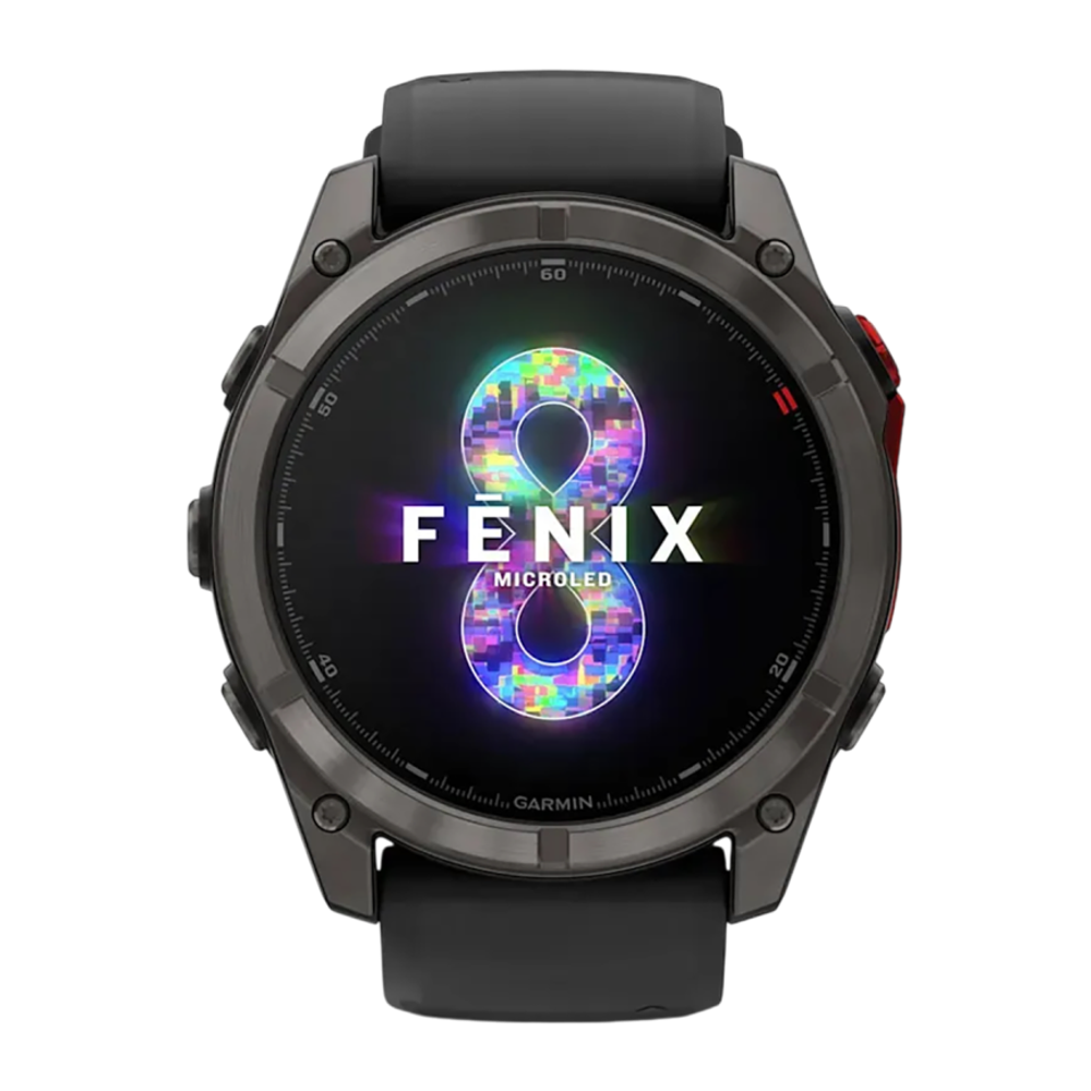 Cпортивные часы Garmin fenix 8 Pro, 51 мм, MicroLED, титан с DLC, сапфир, силиконовый ремешок цвета «чёрный/серый» Тёмно-серый безель из титана с DLC-покрытием, MicroLED-дисплей. Ремешок с классической застёжкой — на запястье обхватом 127–210 мм
