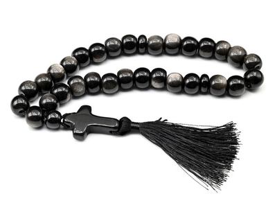 Четки из обсидиана иризирующего 13*11 мм цвет черно-серебрянный, с крестиком, 32 см