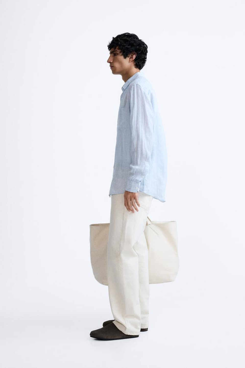 ZARA РУБАШКА ИЗ 100% ЛЬНА, СИНИЙ/БЕЛЫЙ