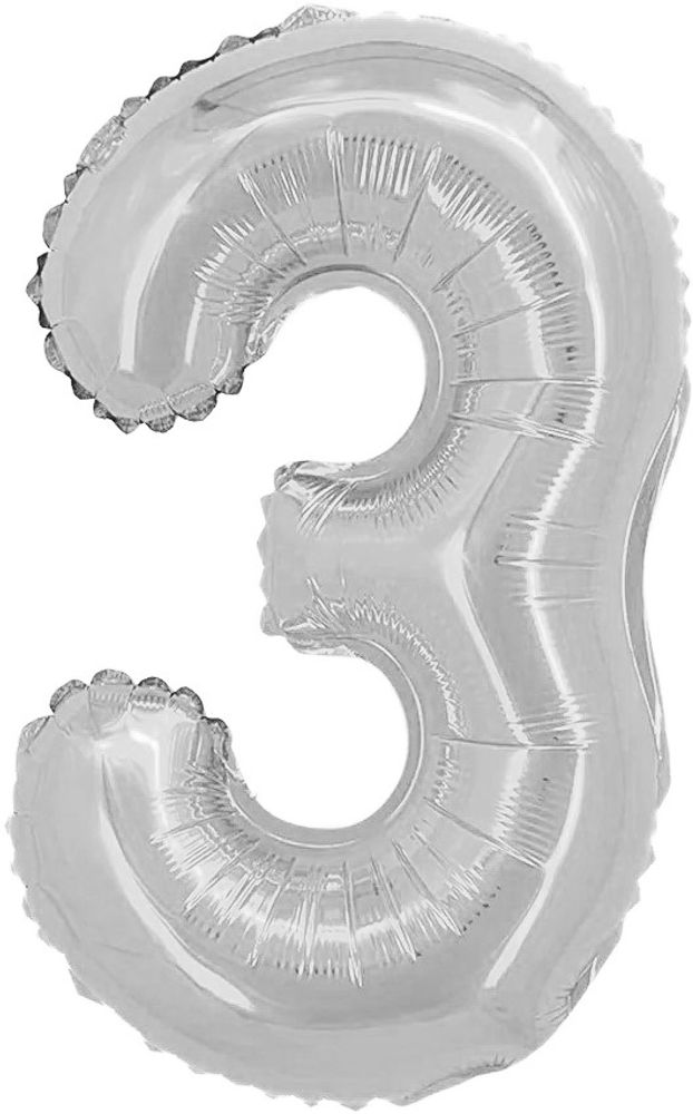 Шар с клапаном (16&#39;&#39;/41 см) Мини-цифра, 3, Серебро, 1 шт.