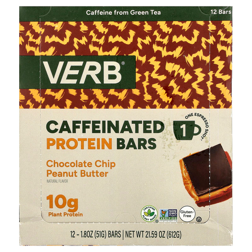 Verb Energy, Caffeinated Protein Bar, Chocolate Chip Peanut Butter, 12 Bars, 1.8 oz (51 g) Each