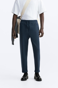 ZARA БРЮКИ EASY CARE С ПОЯСОМ НА ШНУРКЕ, СИНИЙ