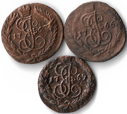 Набор медных монет 1766-1769 года (3 монеты) Полушка ЕМ (VG-F)