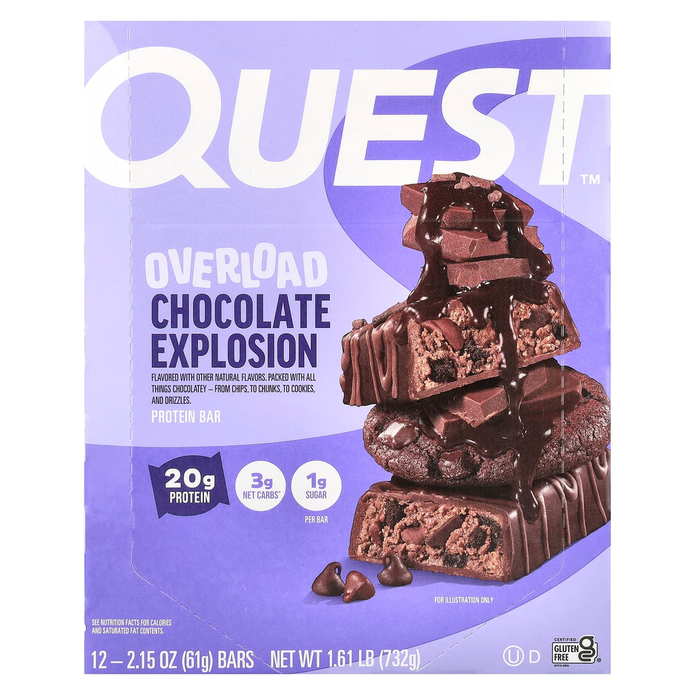 Quest Nutrition, Протеиновый батончик Overload, Chocolate Explosion, 12 батончиков, 61 г (2,15 унции)