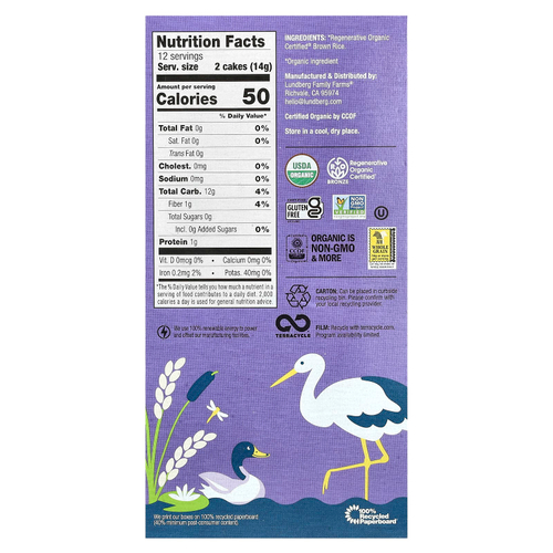 Lundberg, Organic Thin Stackers, воздушные лепешки, коричневый рис, без соли, 24 рисовых пирога, 168 г (6 унций)