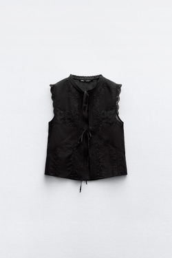 ZARA ТОП С ВЫШИВКОЙ И ЗАВЯЗКАМИ, ЧЕРНЫЙ