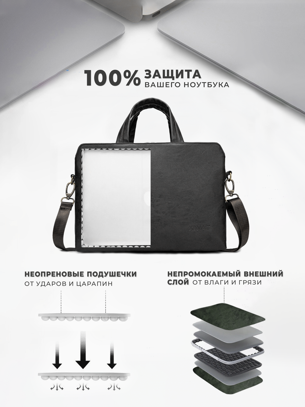 Сумка для ноутбука 13,3" и 14" с ремнем на плечо и 3 отделениями (Черная экокожа)