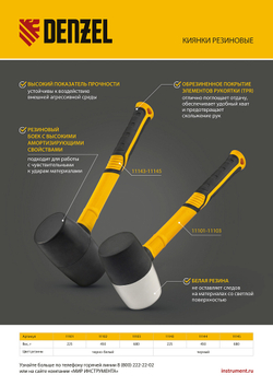 Киянка резиновая, 680 г, черная, фибергласовая рукоятка c TPR покрытием Denzel