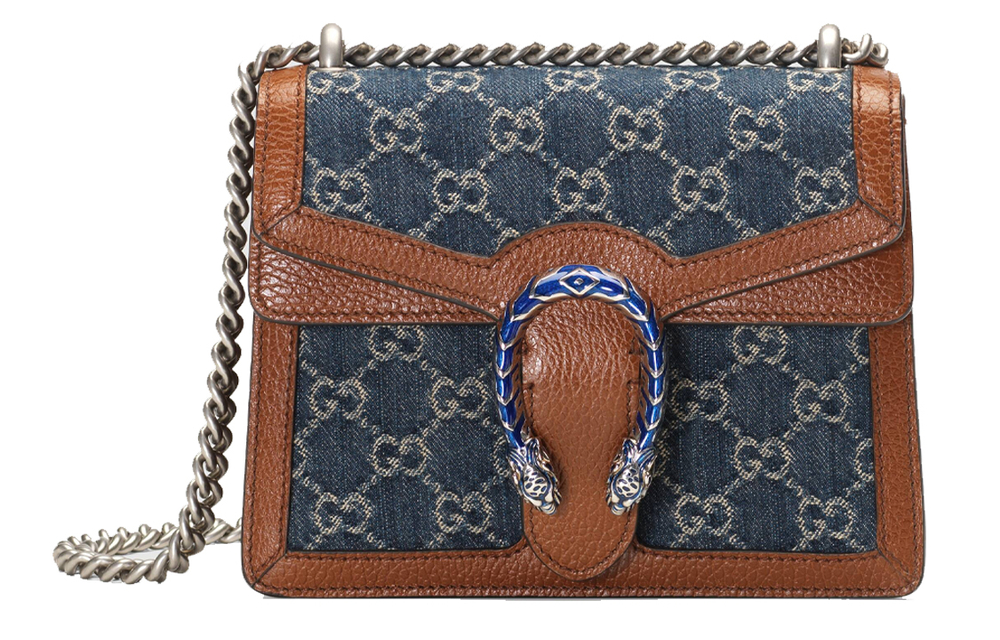 GUCCI Dionysus Denim With Leather Trim Crossbody Bag, Shoulder Bag Women"s Gray & Blue & Brown