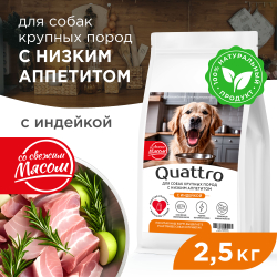 Корм сухой для взрослых собак крупных пород, премиум полнорационный комплекс, для собак с низким аппетитом, с индейкой, 2,5 кг, QUATTRO