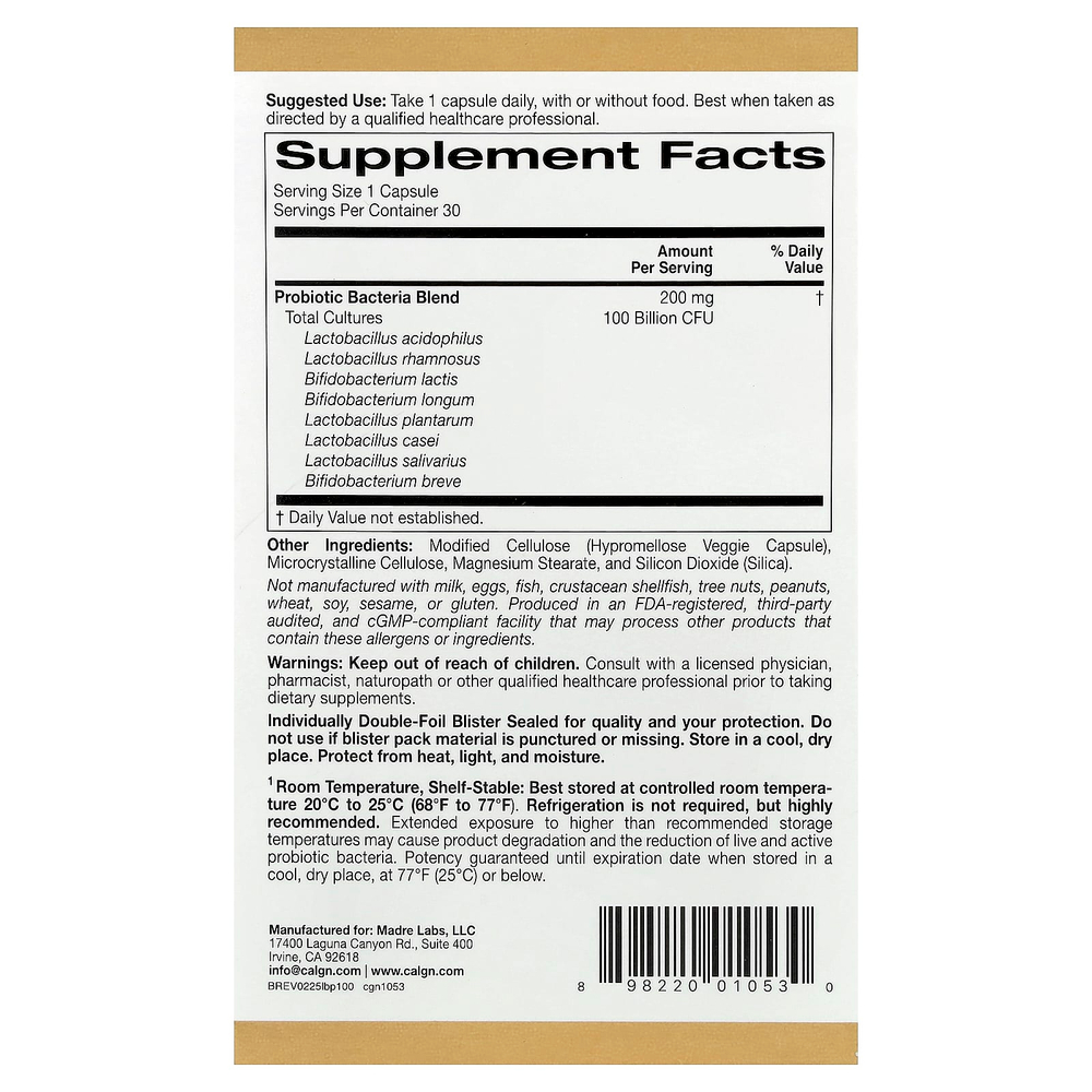 California Gold Nutrition, LactoBif® 100, пробиотики, 100 млрд КОЕ, 30 растительных капсул