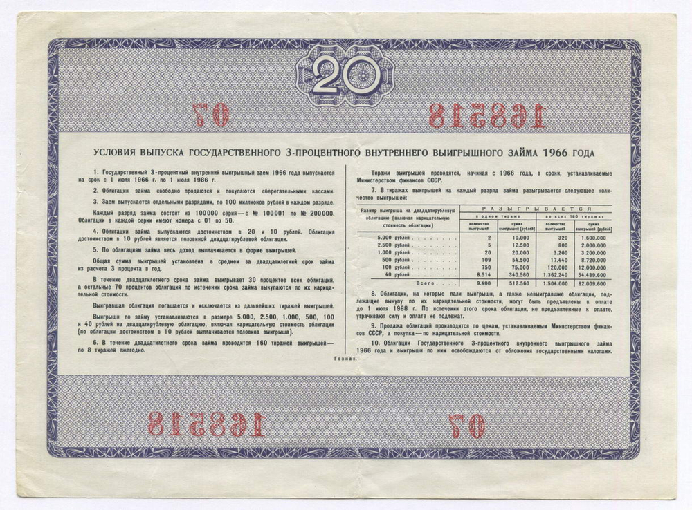 Облигация 20 рублей 1966 год. Серия № 168518. VF
