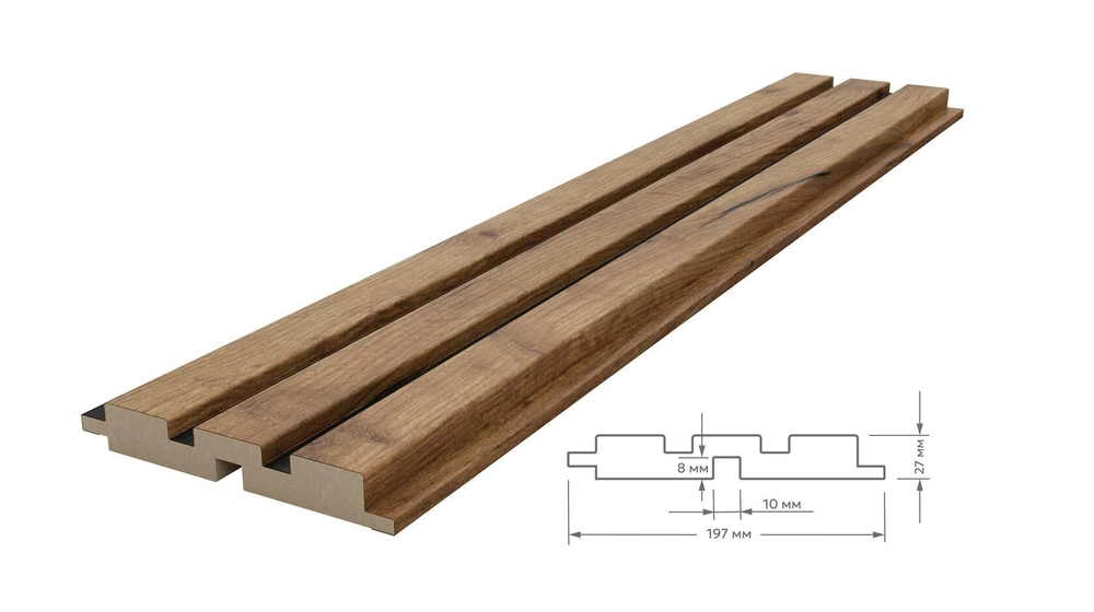 Двухцветная реечная стеновая панель МДФ, Дуб Крафт Табачный/Черный, 2800*116*16
