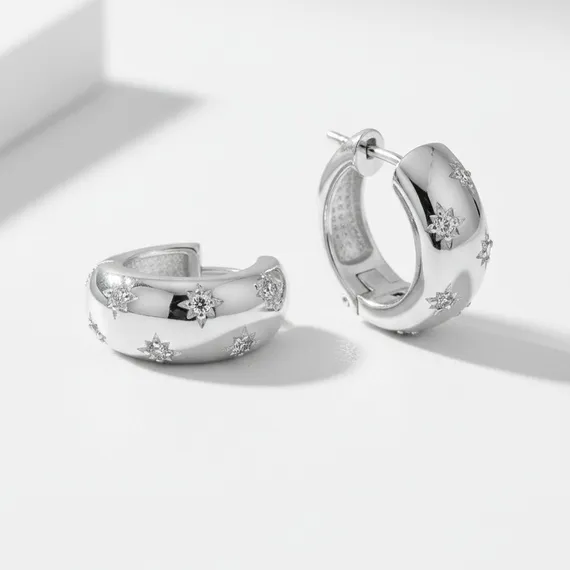 Серьги конго Звезды из серебра 925 пробы с фианитами, живое фото 3