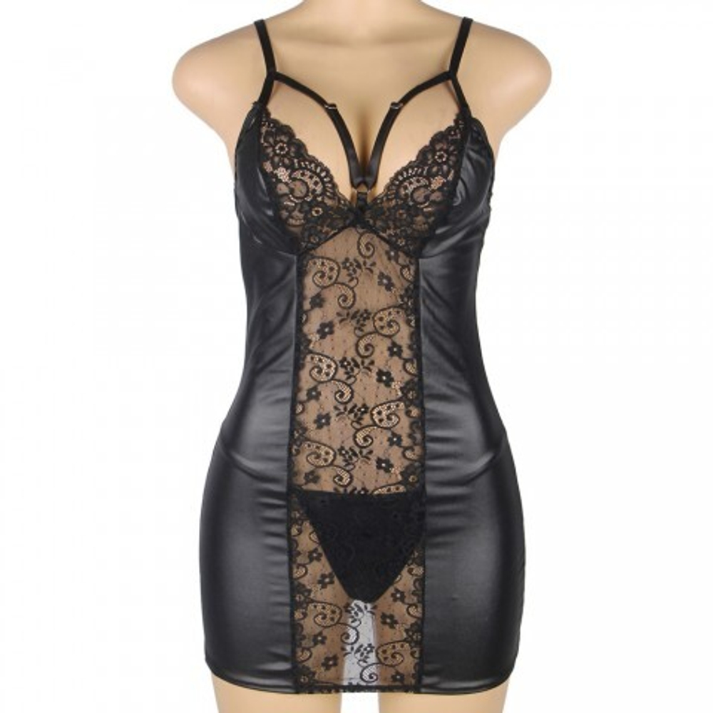 Кожаное платье с кружевом и стрепами Ohyeah Sexy Black +стринги, 3XL-4XL