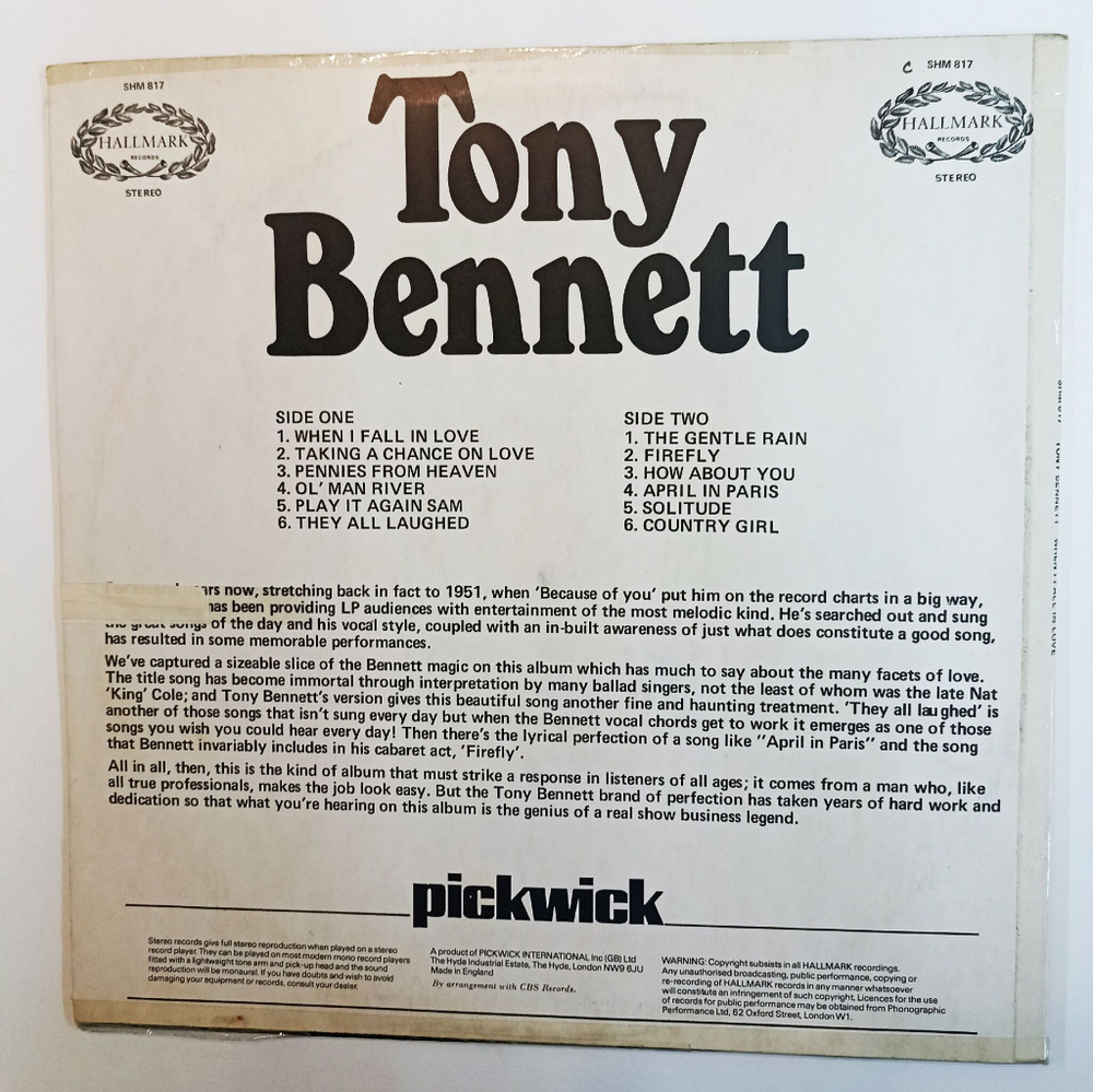 Винтажная виниловая пластинка LP Tony Bennett When I Fall In Love (UK 1973)