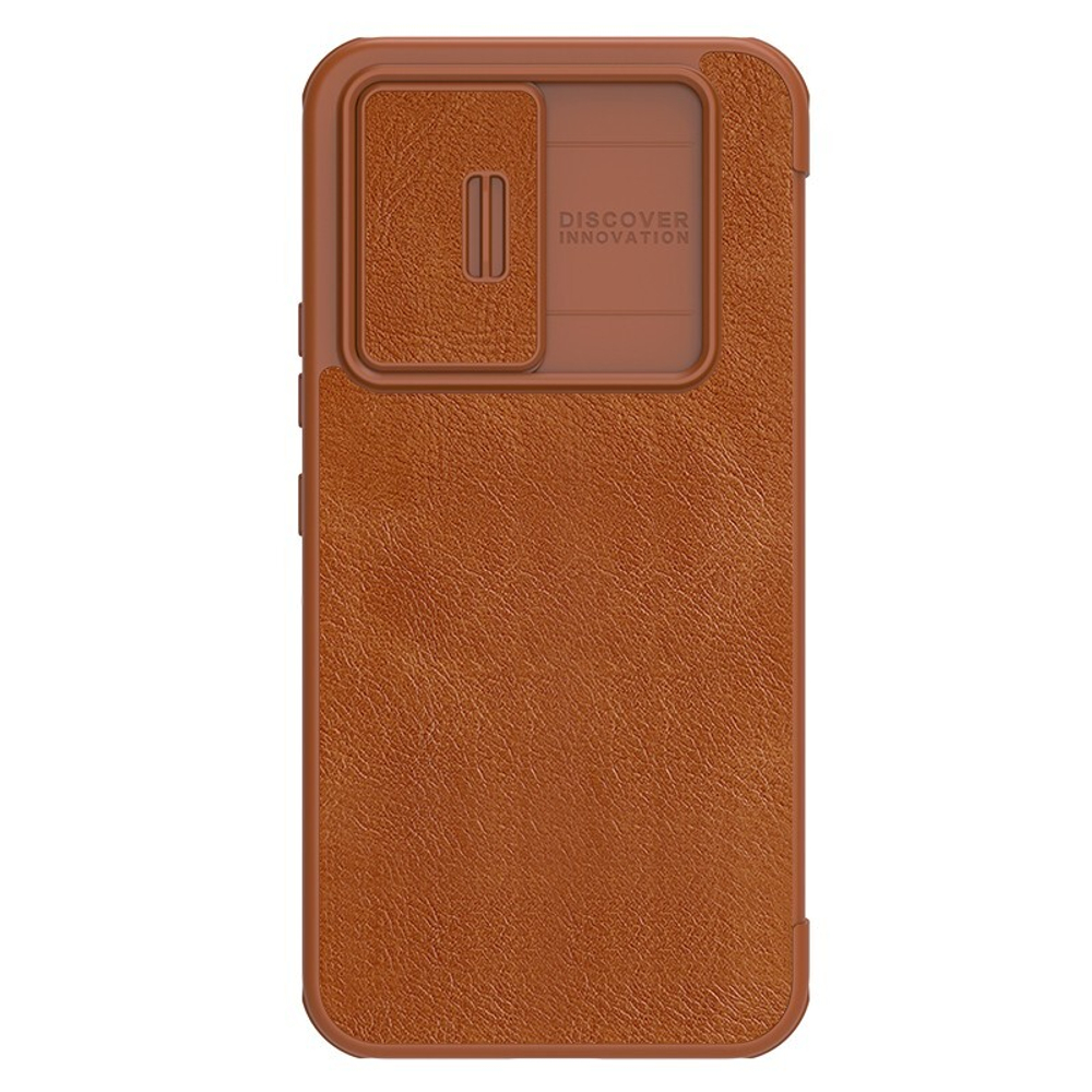 Кожаный чехол книжка коричневого цвета от Nillkin для Samsung Galaxy A54 5G, серия Qin Pro Leather с защитной шторкой для камеры