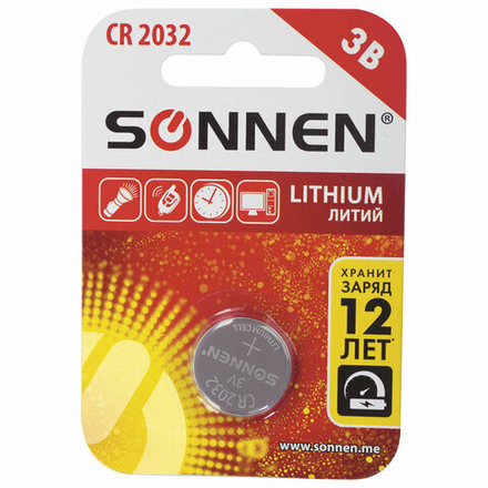 Батарейка литиевая SONNEN Lithium CR2032 "таблетка, дисковая, кнопочная" 1 шт., блистер, 451974
