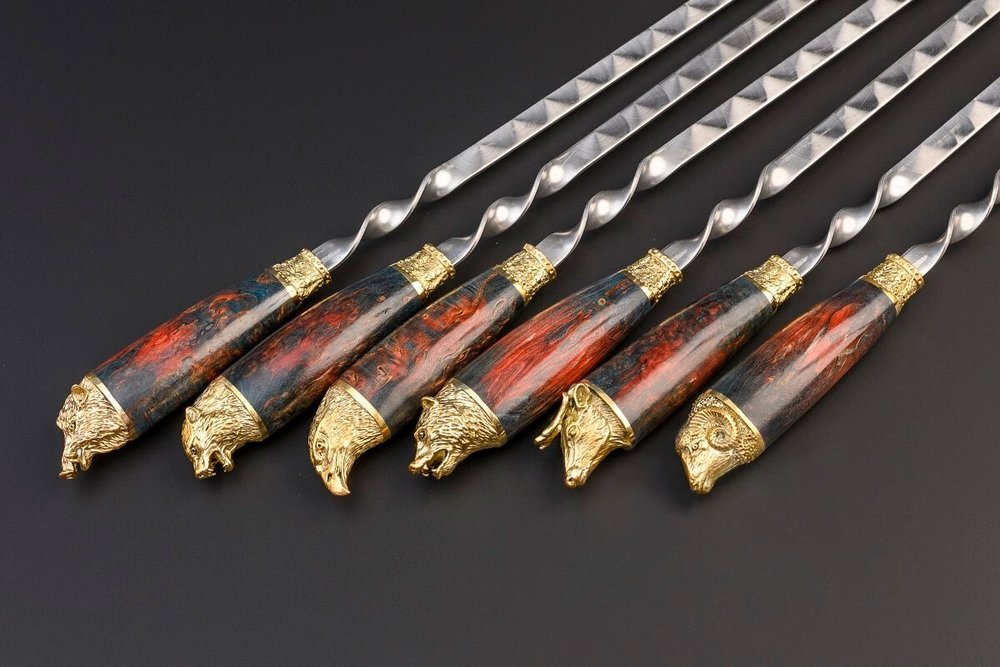 Подарочный набор шампуров "Премиальный №2", Карельская береза, чехол из натуральной кожи