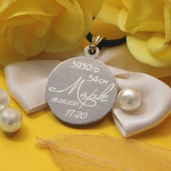 Серебряный кулон Метрика на рождение ребенка с гравировкой на заказ